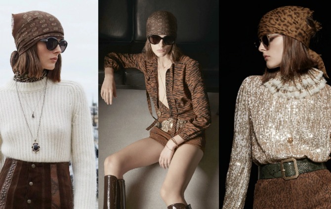 модные платки осень 2020 для девушек в коричневой цветовой гамме - тенденции от бренда Saint Laurent