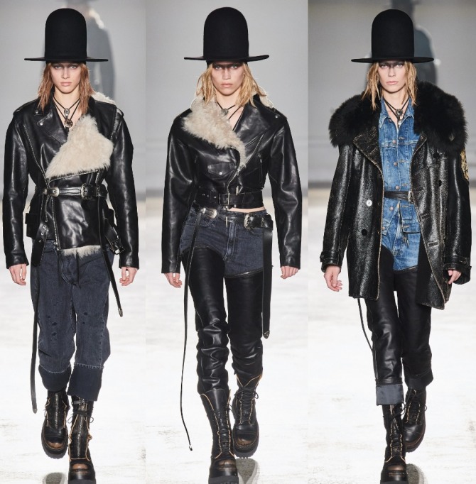 фото кожаных черных брендовых молодежных женских курток 2021 года с меховой отделкой от модного дома R13 - две куртки косухи и одна прямого кроя в ансамбле с высокой черной шляпой