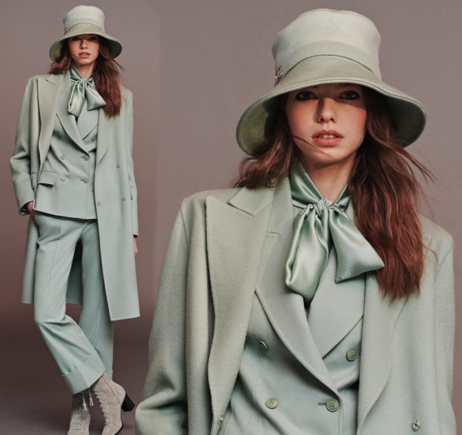 красивый комплект в стиле тотал-лук: пальто, брючный костюм, панама, блузка - коллекция Alberta Ferretti на осень 2020 года