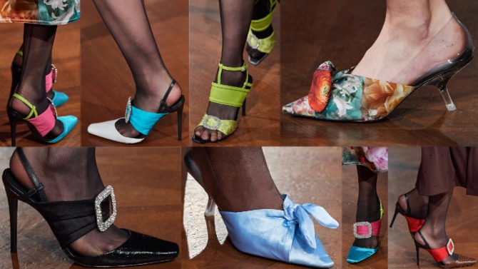 Какие вечерние женские туфли самые модные весной, летом, зимой и осенью 2021 года - модные вечерние туфли из атласа, кожи и других материалов с брошами и бантами - фото новинок 2021 года от бренда Prabal Gurung