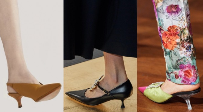 главные тенденции модных женских туфель 2021 - маленький невысокий каблук рюмочка