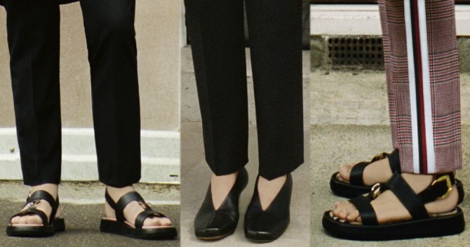 открытые и закрытые туфли черного цвета на плоской подошве - фото с подиума от Burberry