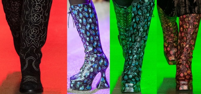 высокая мода - модные женские сапоги 2021 года с высоким голенищем с цветочным рисунком, шнуровкой и платформой - тренды и идеи от бренда Anna Sui