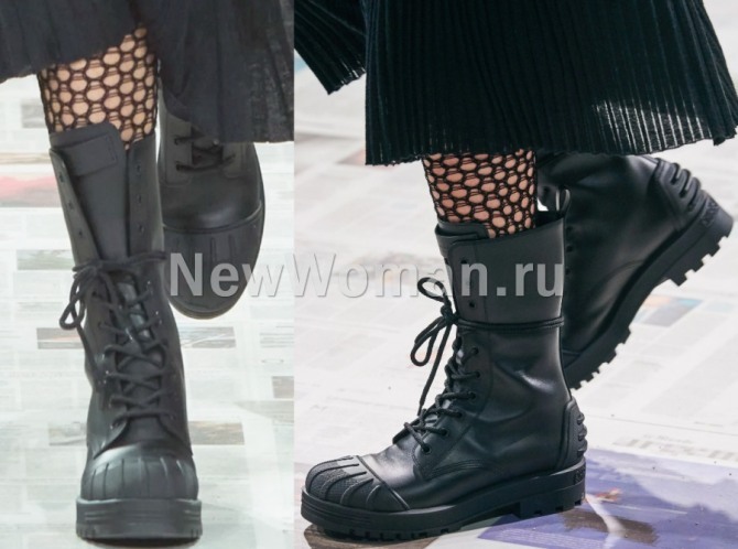 самые модные женских демисезонные ботинки от бренда Christian Dior - черная кожа, резиновые мыс и задник, шнуровка, высокое голенище, армейский стиль