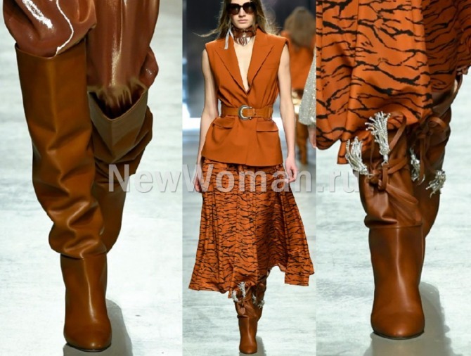 новинки брендовой женской обуви 2021 года от модного дома Ingie Paris - коричневые элегантные сапоги с высокой голяшкой