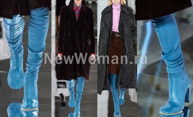 брендовые сапоги с подиума 2021 года насыщенного голубого цвета - тренды в женской демисезонной обуви от Victoria Beckham