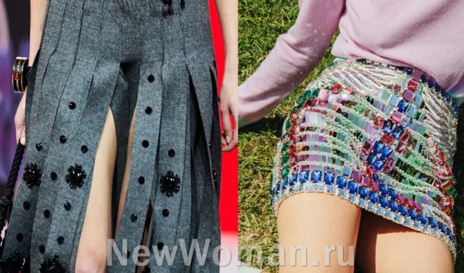 брендовые юбки 2021 года с цветными камнями и брошами-пуговицами с камнями