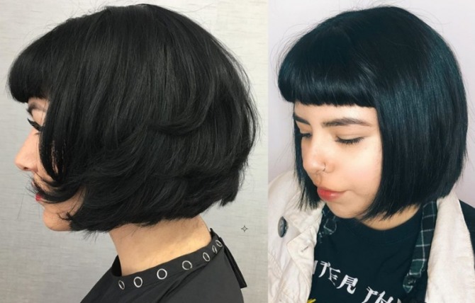 фото актуальных стрижек для брюнеток на 2021 год - боб-каре с челкой на черных смоляных волосах