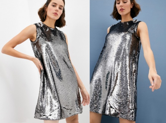 вечернее короткое платье 2021 года свободного кроя цвета серебряный металлик