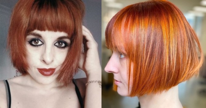 стильная женская стрижка на рыжих волосах - боб с челкой, главные тенденции 2021 года