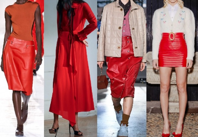 в 2021 году очень популярны юбки красного цвета, особенно из кожи
