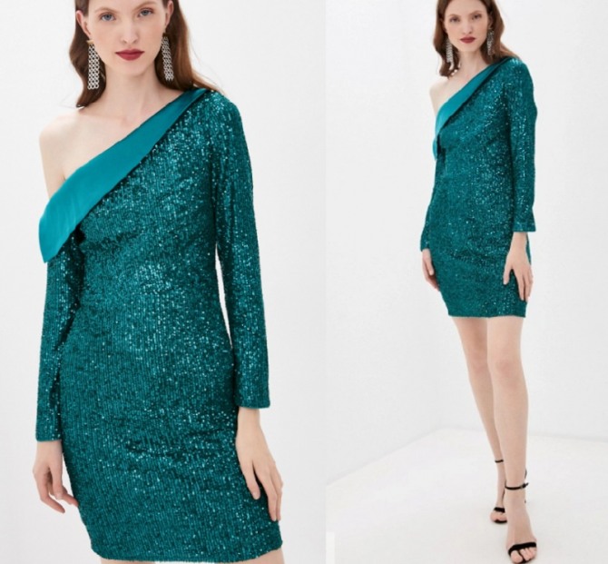 вечернее платье из металлизированной ткани изумрудного цвета - на одно плечо из коллекции на 2021 год