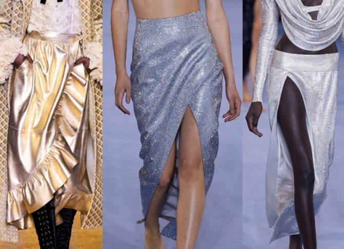вечерние юбки цвета золота и серебра из пайеточной и металлизированной блестящей ткани - модные луки с европейских показов