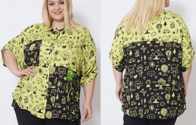 желто-черная блузка для полной женщины на 2021 год с модным сочетанием принтов