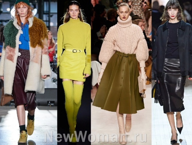 женская зимняя дизайнерская одежда 2021 года, тенденция - кожаные юбки разной длины и фасона - фото с модных показов в европейских столицах