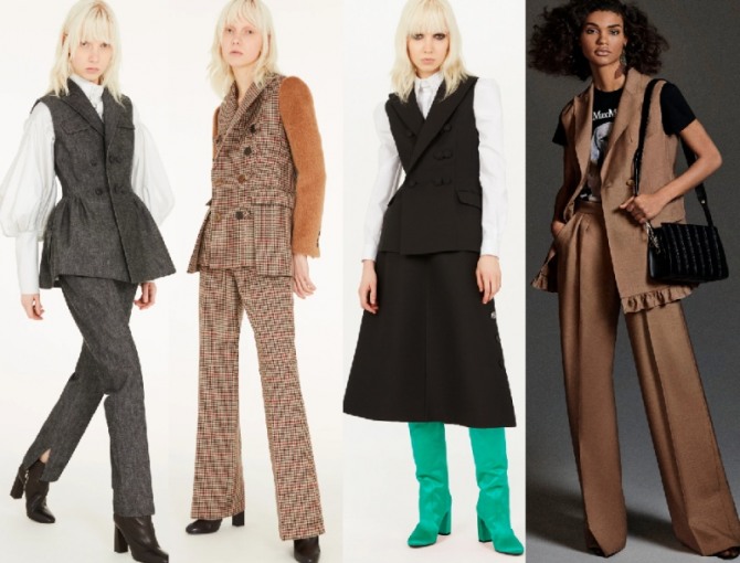 В 2021 году в моде деловые офисные женские костюмы с жакетом-безрукавкой - фото вариантов с юбкой и с брюками - европейская мода, коллекции модных домов
