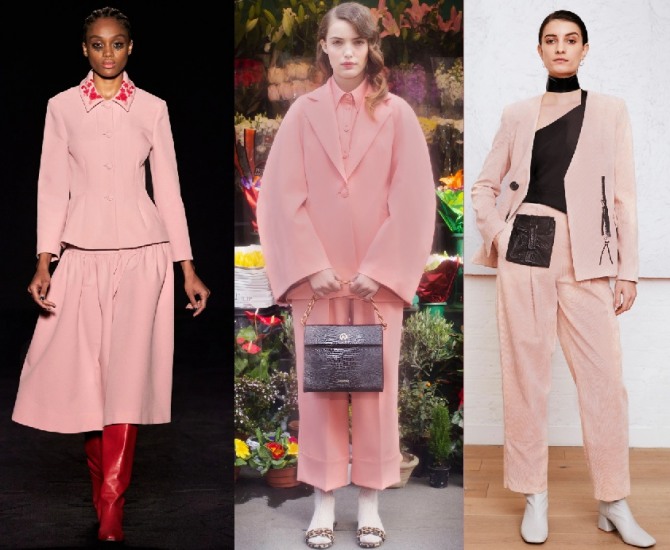 модные тенденции женских костюмов 2021 года - фото моделей пыльно-розового цвета