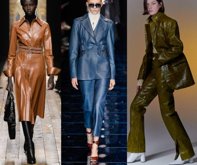 силуэты кожаных стильных женских деловых костюмов с юбкой и брюками - фото с модных показов 2021 года