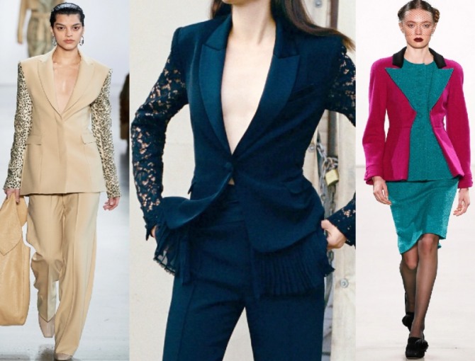 Женские дизайнерские костюмы из комбинированных материалов разного цвета и фактуры - модные фасоны 2021 года