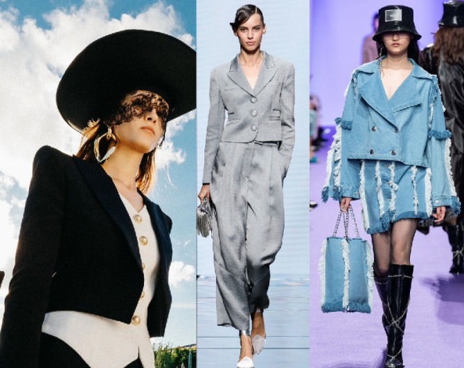 модная тенденция в сигменте женских брючных костюмов 2021 года - укороченный жакет