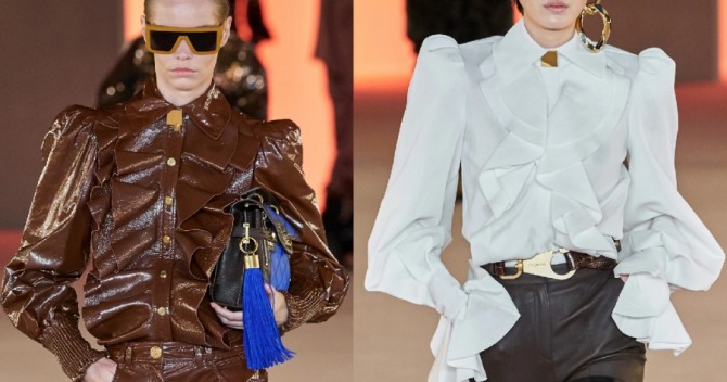 кожаная и шелковая блузка с жабо и воланом по бокам застежки-планки - тренды 2021 года от французского модного дома Balmain (Бальме́н)