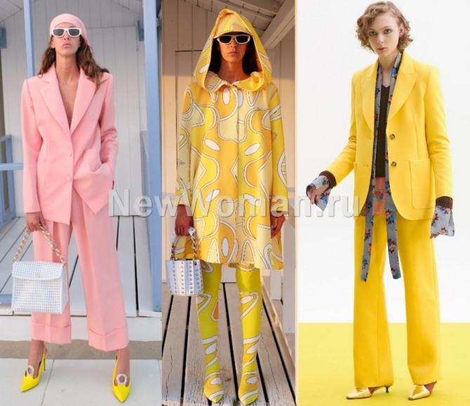 весенние женские курортные костюмы сезона 2021 года в розовой и желтой цветовой гамме - с брюками