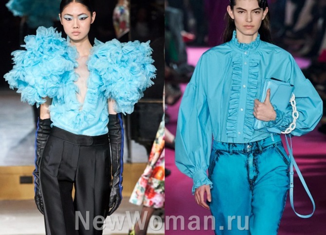блузки 2021 года бирюзового цвета - с воланами и оборками в романтическом стиле