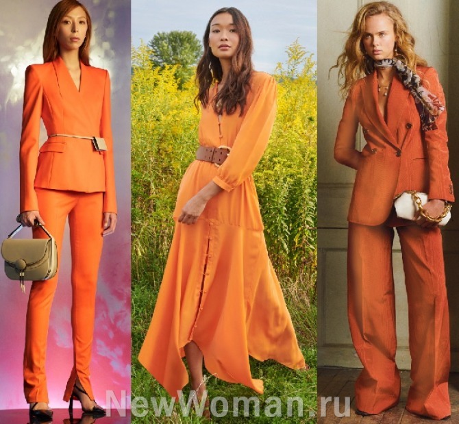тренды весна-лето 2021 года в женских костюмах моркового цвета