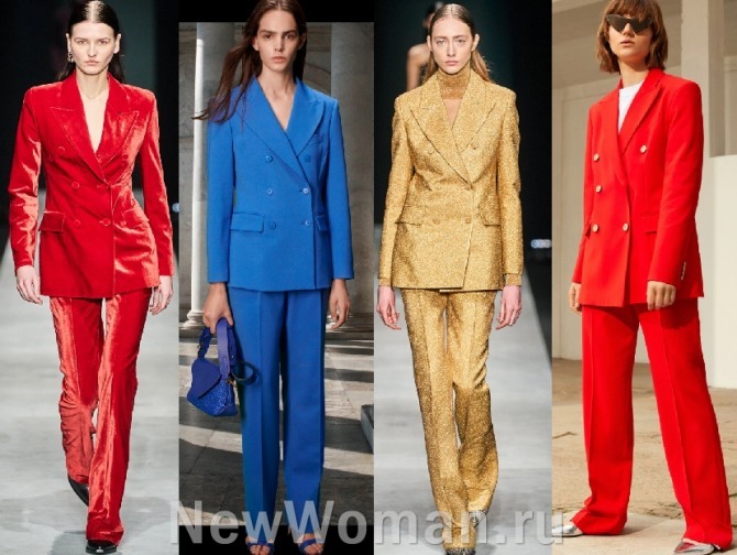 главные тенденции в женской моде 2021 года - цветные брючные яркие костюмы с двубортным пиджаком