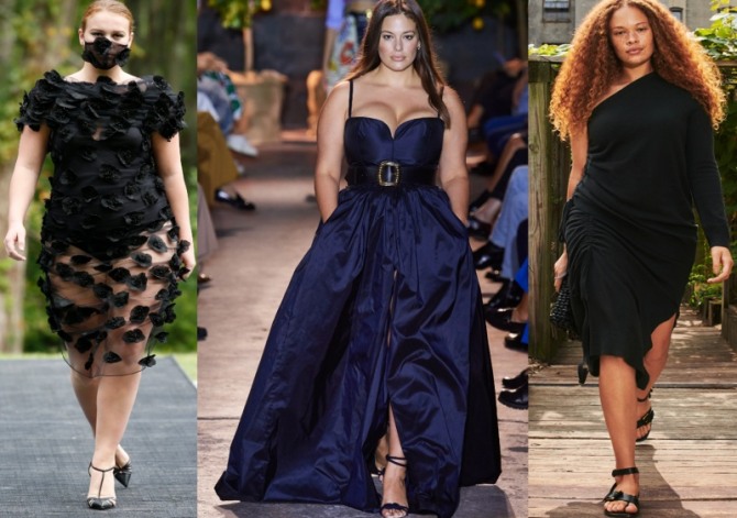 пышные модели демонстрируют стильные вечерние платья черного цвета - мода для полных девушек и женщин на весну-лето 2021 года