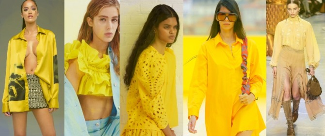 на фото - новинки блузок в желтой цветовой гамме с модных показов весна-лето 2021