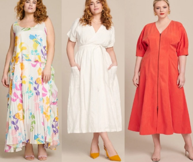 стильные фасоны летних платьев 2021 года для молодых полных женщин - принтованное, белое, морковного цвета