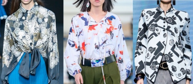 стильные яркие блузки из дизайнерских коллекций 2021 года с абстрактным рисунком ткани