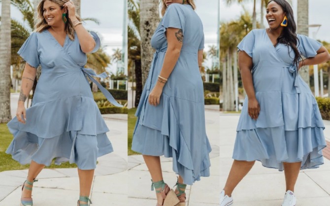 нежное шифоновое голубое платье для полной женщины - летняя мода 2021 года