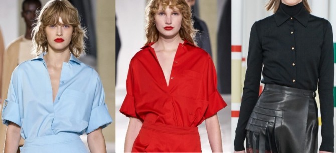 женская мода 2021 года - цветные блузки-рубашки в стиле минимализм и черная блузка в комплекте с водолазкой и металлическими пуговицами - модные луки от бренда Hermès, коллекция 2021 года