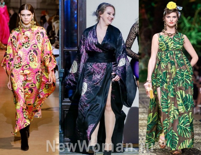 нарядные летние шелковые платья 2021 года для полных женщин с яркими принтами - фасоны макси длины, фото из коллекций мировых брендов