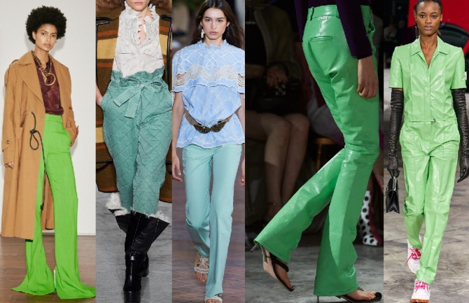 в 2021 году в моде женские брюки зеленого цвета различных оттенков