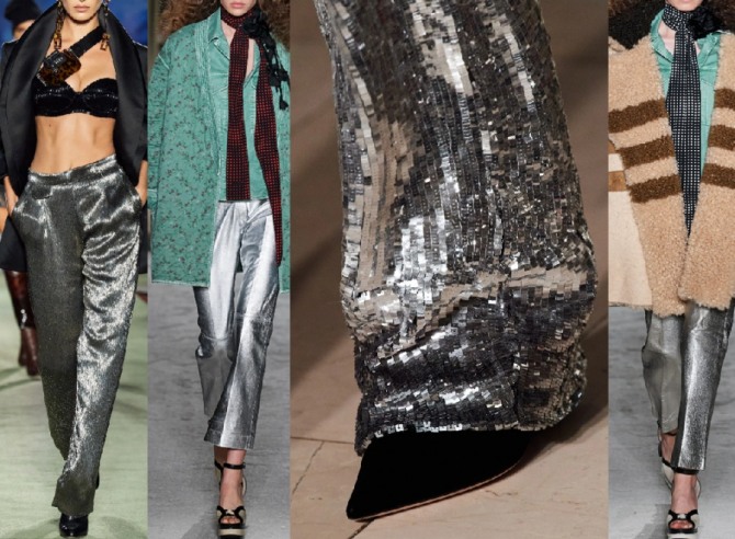 брюки металлика цвета серебра - модный тренд женской брючной моды 2021 года