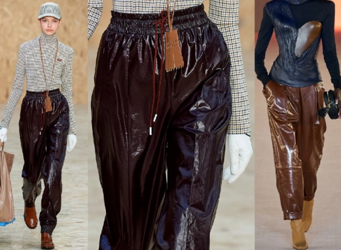 модели женских брюк из лака бордового и коричневого цвета - женские тренды 2021 года