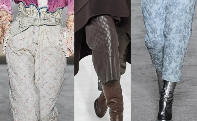 модели теплых женских брюк из стеганой ткани на зимний сезон 2021 года - стильные луки с модных показов европейской моды