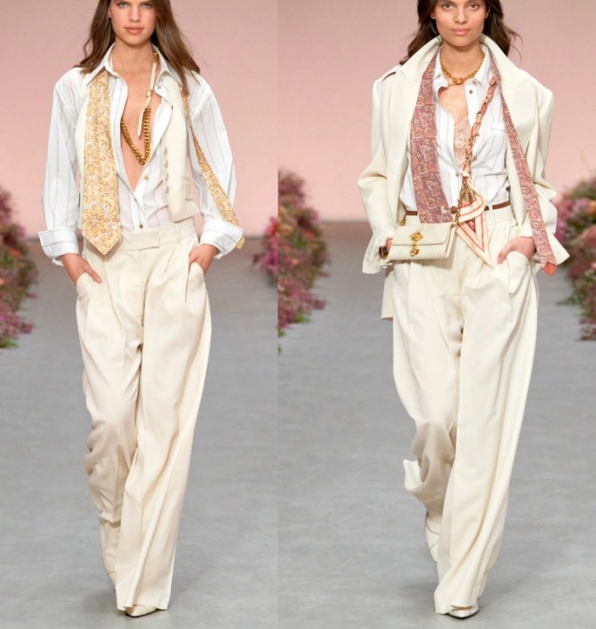 брюки классического покроя кремового цвета в комплекте с белыми блузками-рубашками - мода весна-лето 2021 года с мировых подиумов