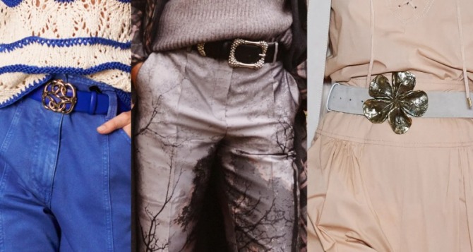 примеры модного декора дизайнерских женских брюк 2021 год -  брюки м кожаными ремнями и крупными красивыми пряжками из металла желтого цвета