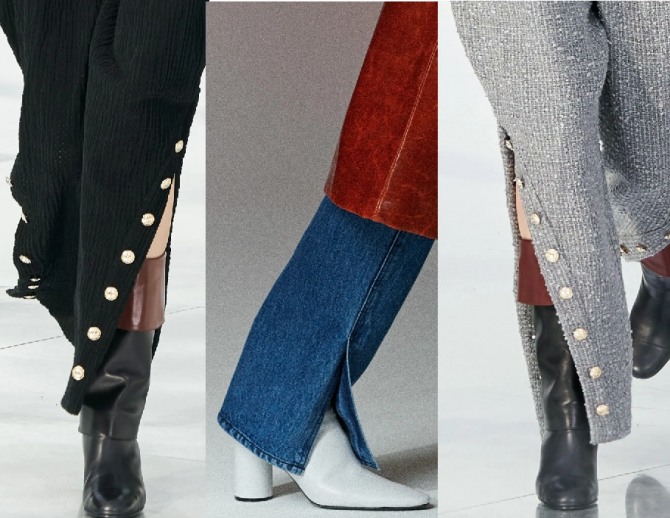 Женские брюки 2021 года - модные фасоны с боковыми разрезами на штанинах - одна из главных тенденций брючной моды, фото с подиума