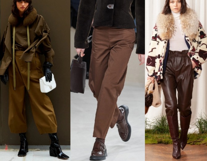 уличная осенне-зимняя мода 2021 года для девушек и женщин - фото образов с коричневыми брюками от стилистов модных домов