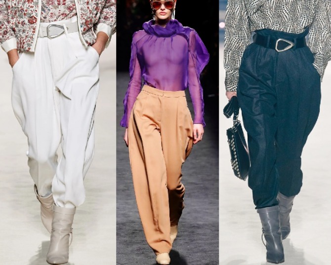 модный крой женских брюк 2021 года - широкие бедра и зауженный низ, заправленный в сапоги
