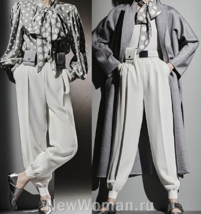 женские элегантные светлые брюки-шаровары на манжете с поясными кошельками - обзор модной женской одежды 2021 года, брюки и декор с аксессуарами