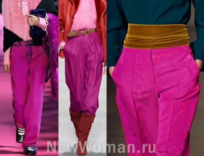 в 2021 году в тренде женские брюки цвета фуксии - фото с подиумов европейских столиц
