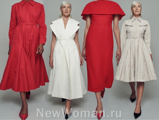 подиум: мода для пожилых женщин - платья нарядные с туфельками - белого цвета и красного, показ Emilia Wickstead весна-лето 2021