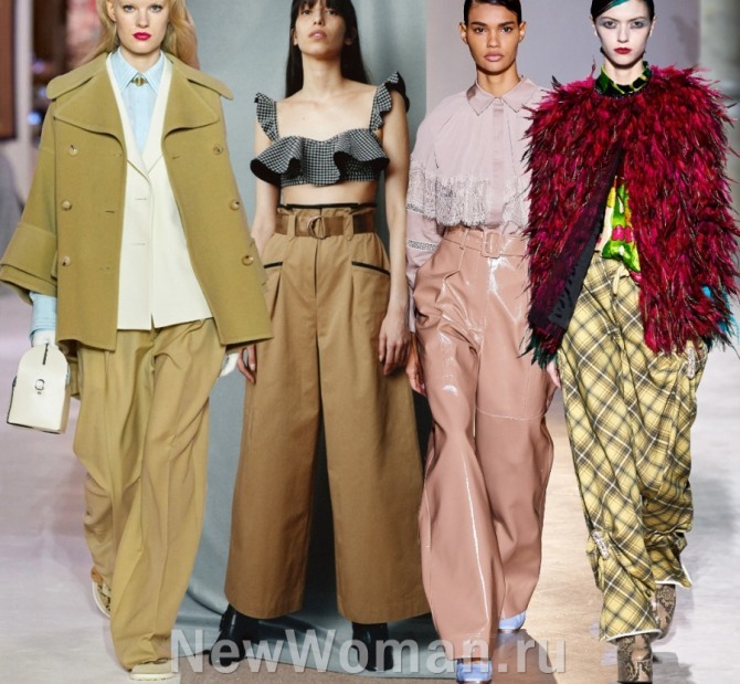 Модные тенденции 2021 года в женской одежда - широкие свободные брюки с высокой посадкой - фото идей от модных домов, подиум