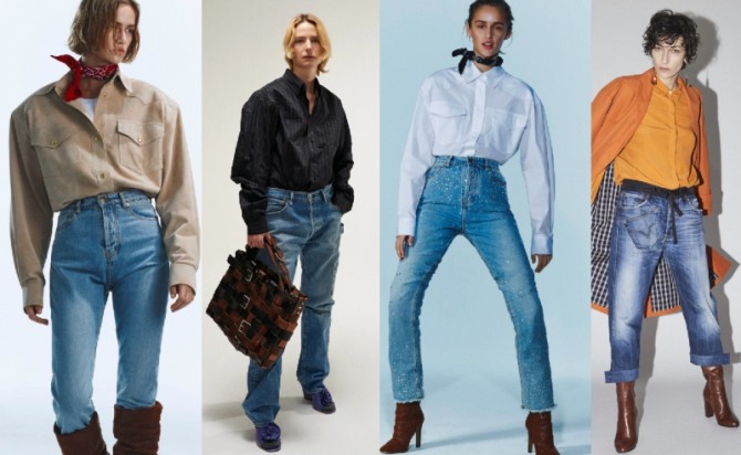 офисный деловой стиль для женщин в мужском стиле с джинсовыми брюками